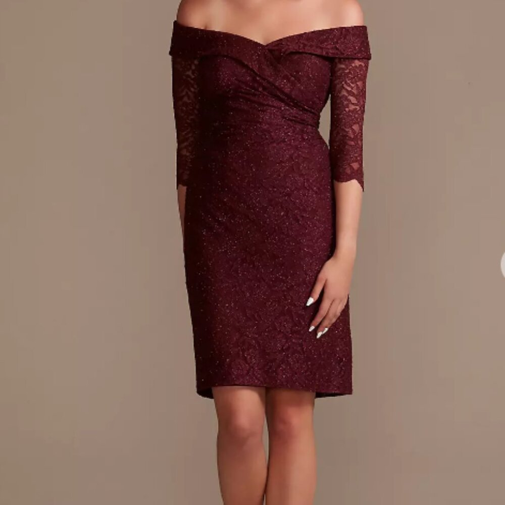 OLEG CASSINI-Off-the-Shoulder Knee Length Lace Dress